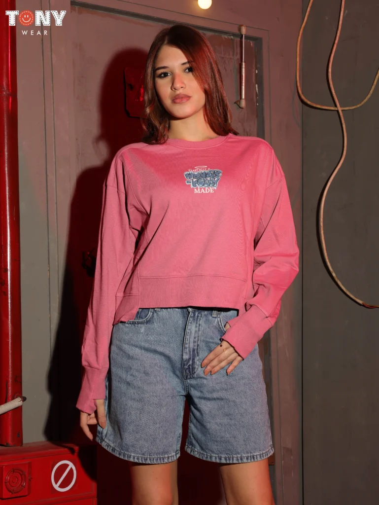 Girls Melton Vintage Graphic Crewneck in Pink Black and Beige with retro badge design