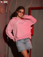 Girls Summer Cotton White Fox Hoodie in Mocha Pink and Charcoal with graphic text