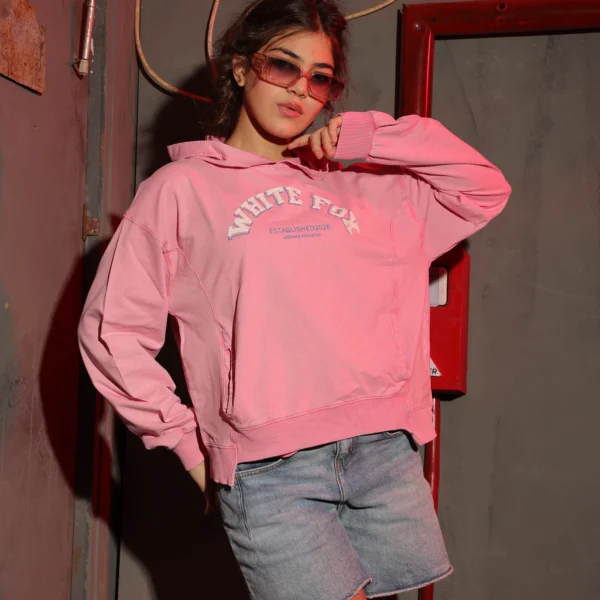 Girls Summer Cotton White Fox Hoodie in Mocha Pink and Charcoal with graphic text