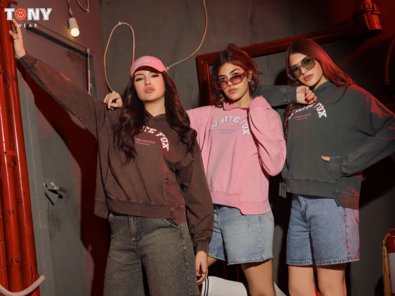 Girls Summer Cotton White Fox Hoodie in Mocha Pink and Charcoal with graphic text