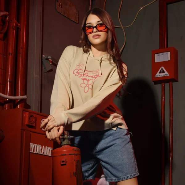 Girls Summer Cotton Floral Hoodie in Beige Pink and Black with line art flower graphic