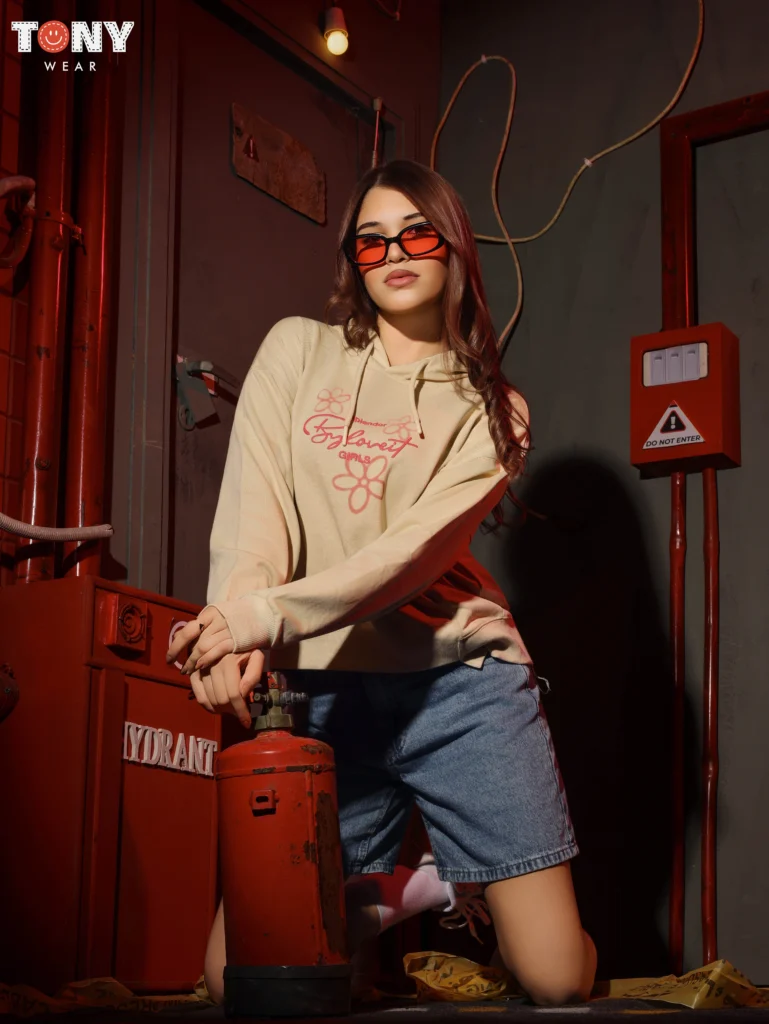 Girls Summer Cotton Floral Hoodie in Beige Pink and Black with line art flower graphic