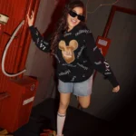 Girls Summer Cotton Mouse Graphic Sweatshirt in Coral Pink Beige and Black with trendy all-over text print