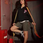 Girls Melton V-Neck Sweatshirt in Lavender Black and Beige with pink bow graphic