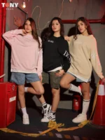 Girls Summer Cotton Crewneck with IK.WIL sleeve logo in Pink Black and Beige