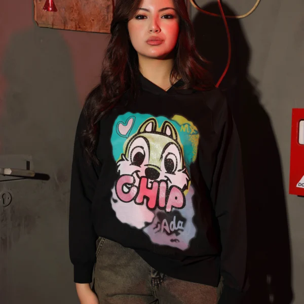 Girls Summer Cotton Chip Hoodie in Purple Cream and Black with cartoon graphic