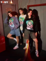 Girls Summer Cotton Chip Hoodie in Purple Cream and Black with cartoon graphic