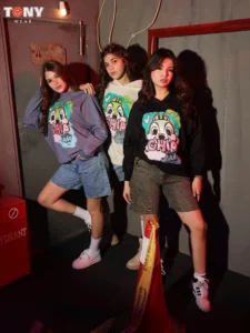 Girls Summer Cotton Chip Hoodie in Purple Cream and Black with cartoon graphic