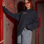 Girls Summer Cotton Hoodie in Green Pink and Navy Blue worn with shorts