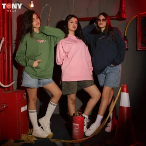 Girls Summer Cotton Hoodie in Green Pink and Navy Blue worn with shorts