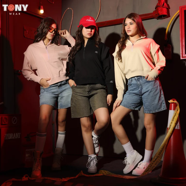 Girls Melton Half-Zip Sweatshirt in Pink Black and Beige worn with denim shorts