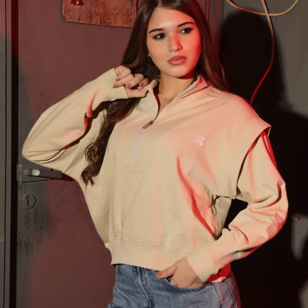 Girls Melton Half-Zip Sweatshirt in Pink Black and Beige worn with denim shorts