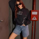 Girls Oversize Melton Hoodie in Purple Beige and Black with Graphic Text Prints