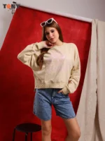 Girls Oversize Melton Sweatshirt with Ballerine Bow Print in Purple and Beige