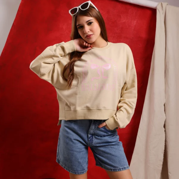 Girls Oversize Melton Sweatshirt with Ballerine Bow Print in Purple and Beige