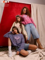 Girls Oversize Melton Sweatshirt with Ballerine Bow Print in Purple and Beige