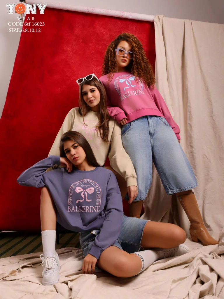 Girls Oversize Melton Sweatshirt with Ballerine Bow Print in Purple and Beige